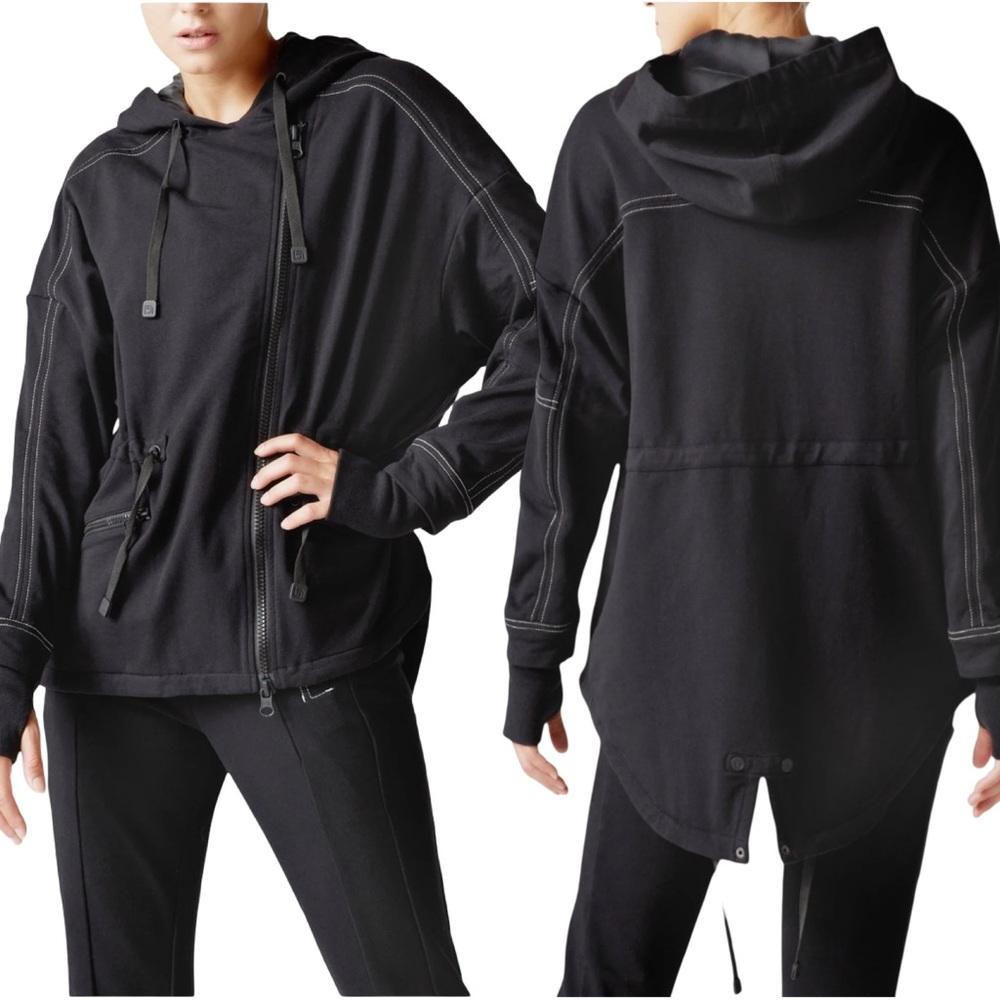 NWT! BLANC NOIR YOLO STITCH ANORAK Hi Low Hoodie Adjustable Waist -Black - Sz L
